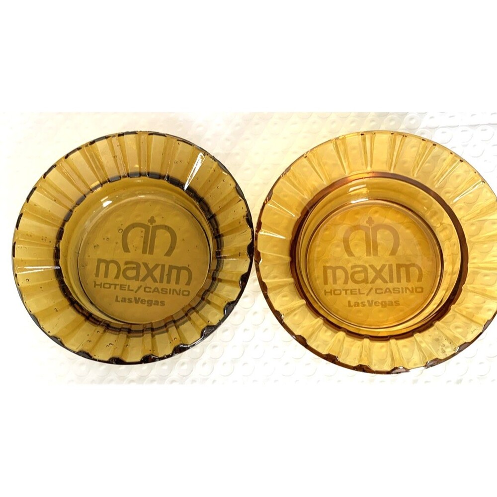Lot of 2 Vintage Maxim Hotel/Casino Las Vegas Ashtrays/Trinket Amber Glass 70s